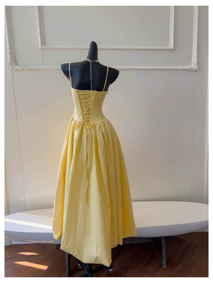 Spaghetti Strap Yellow Midi Evening Dress F0442