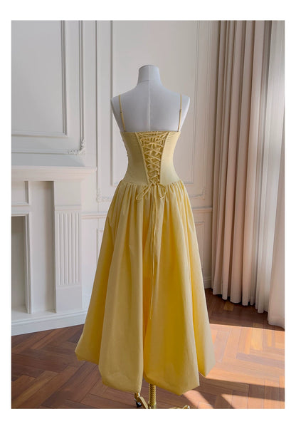 Spaghetti Strap Yellow Midi Evening Dress F0442