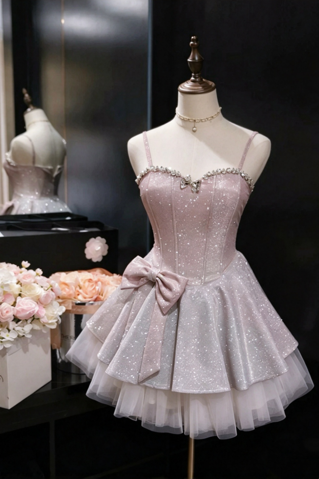 Sparkly Spaghetti Strap Homecoming Dress Bow Princess Mini Dress F0296