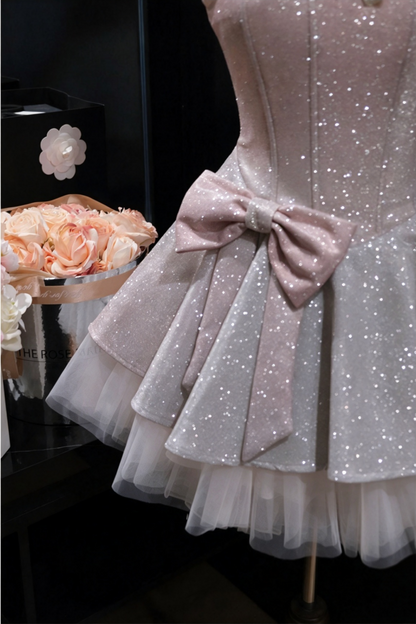 Sparkly Spaghetti Strap Homecoming Dress Bow Princess Mini Dress F0296