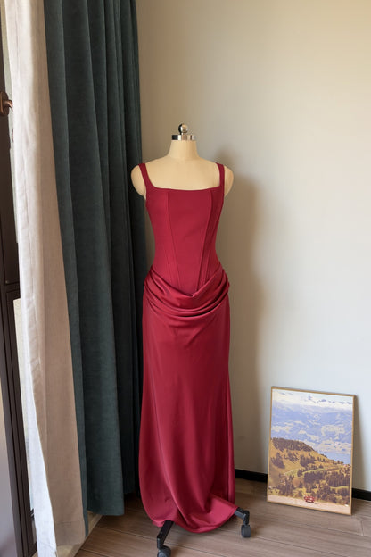 Square Neck Corset Mermaid Long Evening Dress, Draped Waist Formal Gown F0422