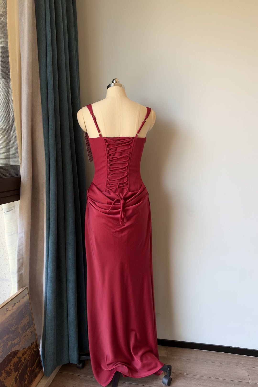 Square Neck Corset Mermaid Long Evening Dress, Draped Waist Formal Gown F0422