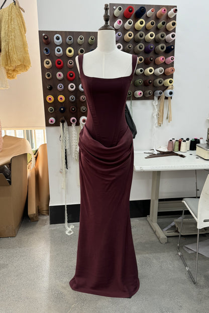Square Neck Corset Mermaid Long Evening Dress, Draped Waist Formal Gown F0422