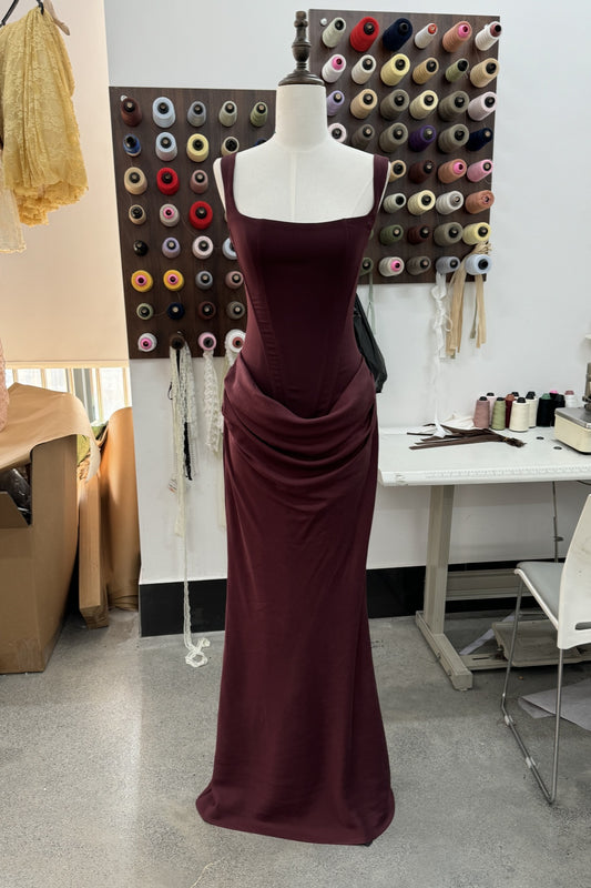 Square Neck Corset Mermaid Long Evening Dress, Draped Waist Formal Gown F0422