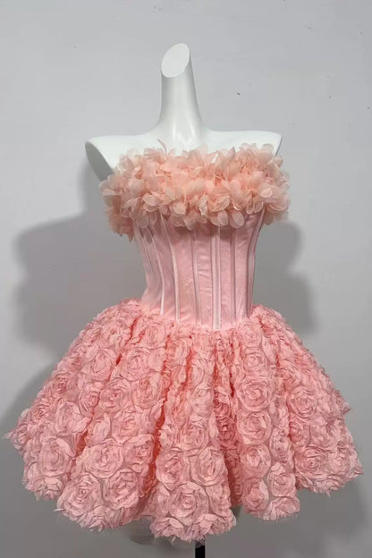 Strapless 3D Floral Corset Mini Homecoming Dress F0314