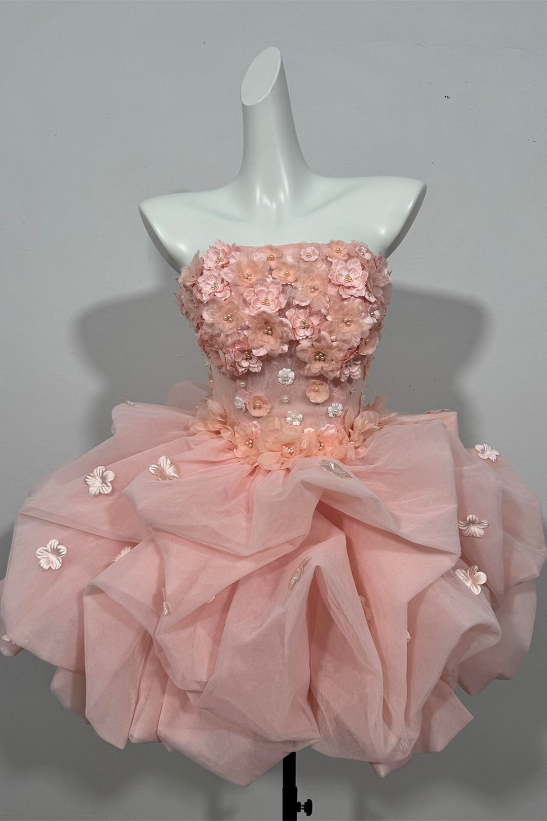 Strapless 3D Floral Tulle Homecoming Dress Puffy Mini Princess Dress F0298