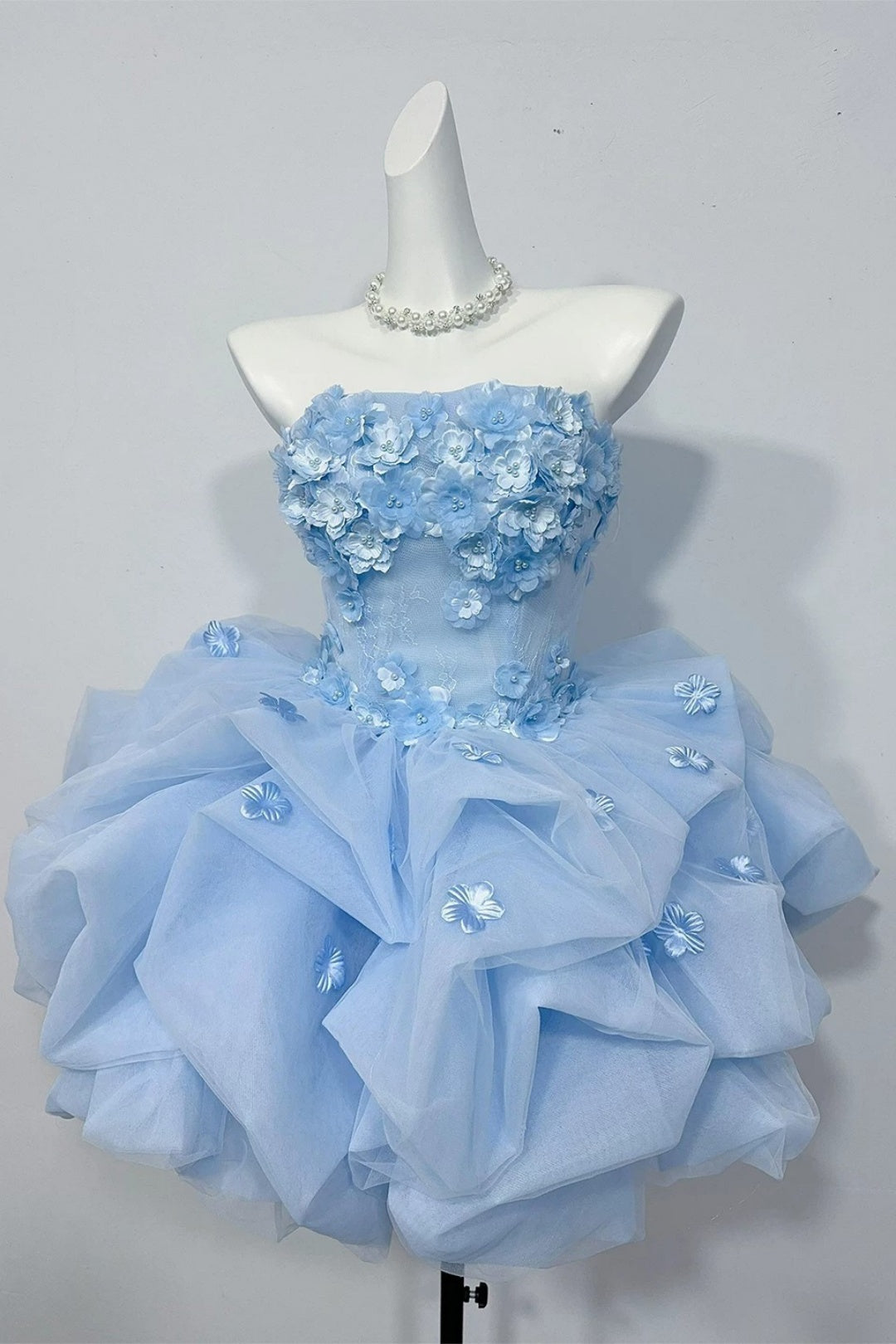 Strapless 3D Floral Tulle Homecoming Dress Puffy Mini Princess Dress F0298