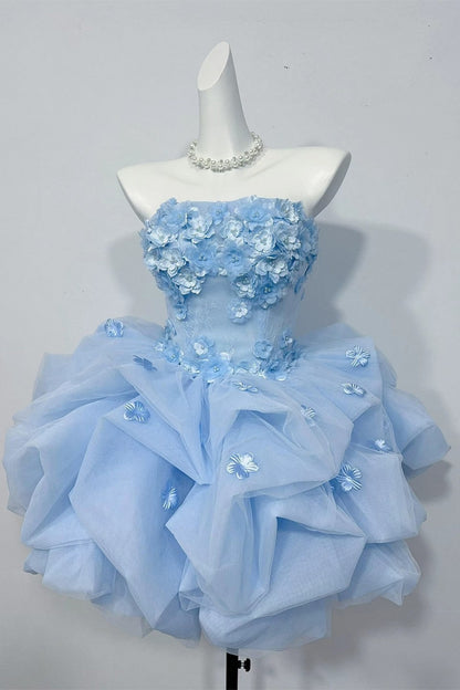 Strapless 3D Floral Tulle Homecoming Dress Puffy Mini Princess Dress F0298