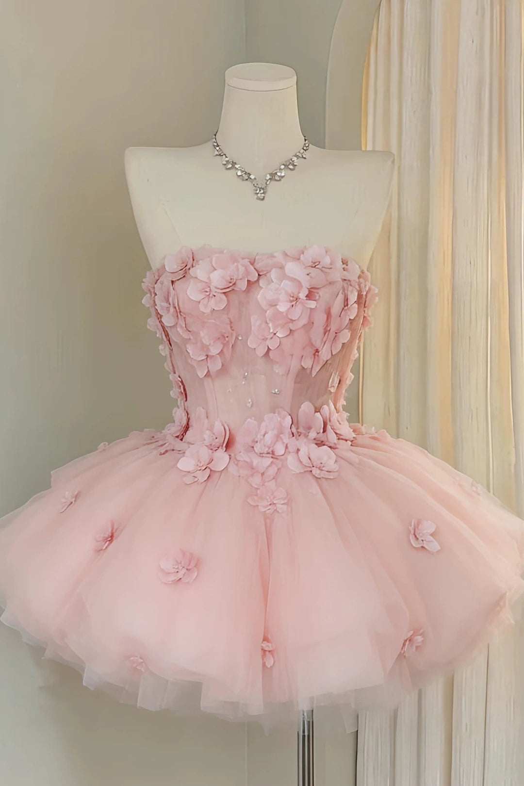 Strapless 3D Floral Tulle Mini Homecoming Dress F0321