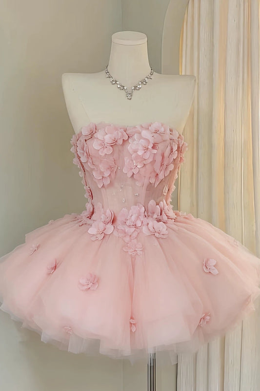Strapless 3D Floral Tulle Mini Homecoming Dress F0321