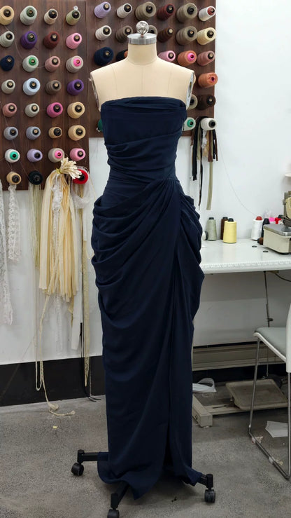 Strapless Draped Chiffon Bridesmaid Dress Side Slit Formal Gown F0423