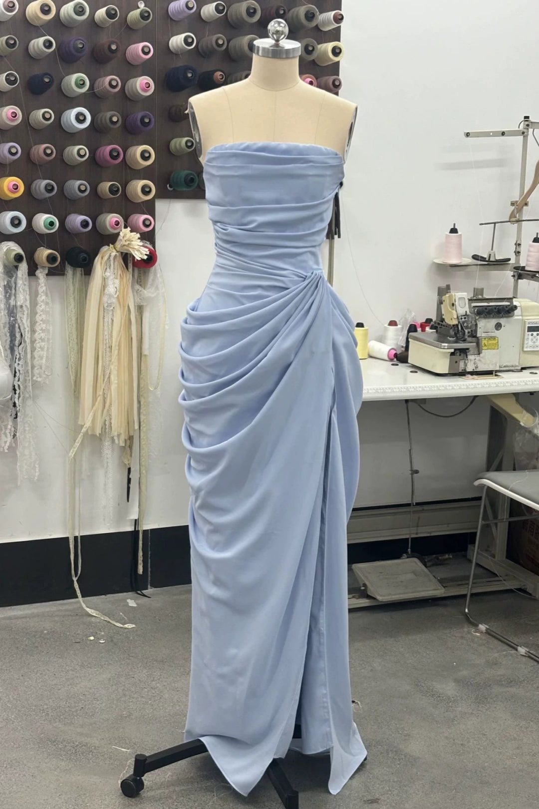 Strapless Draped Chiffon Bridesmaid Dress Side Slit Formal Gown F0423