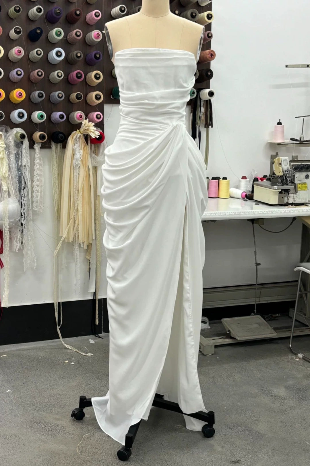 Strapless Draped Chiffon Bridesmaid Dress Side Slit Formal Gown F0423