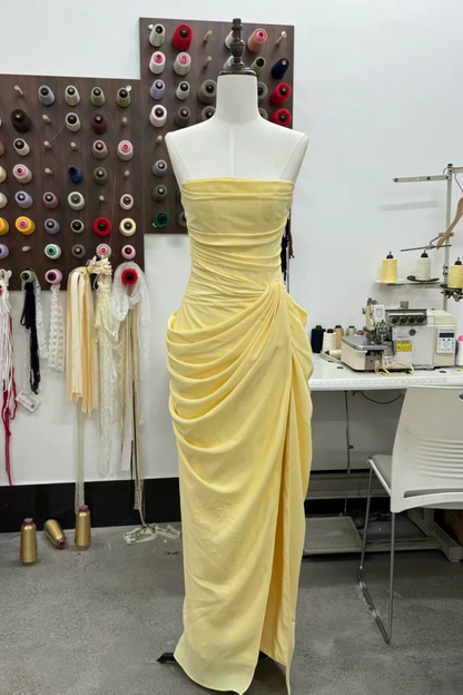 Strapless Draped Chiffon Bridesmaid Dress Side Slit Formal Gown F0423