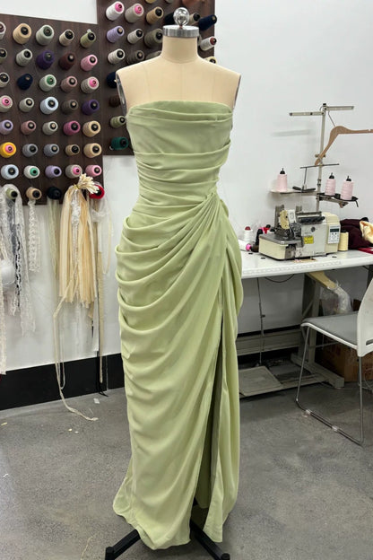 Strapless Draped Chiffon Bridesmaid Dress Side Slit Formal Gown F0423