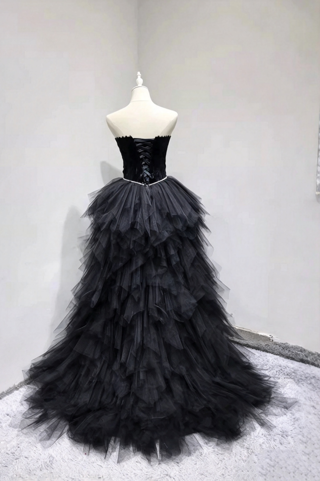 Strapless Feather High Low Tulle Prom Dress Corset Back Evening Gown F0293