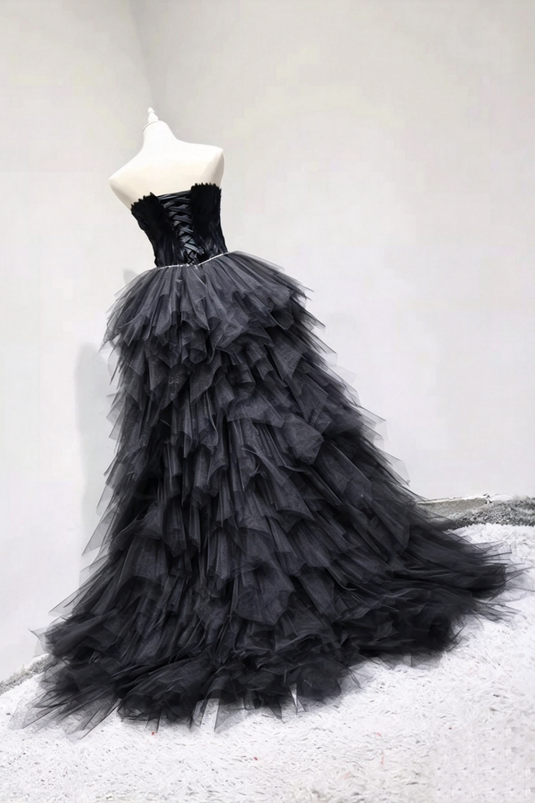 Strapless Feather High Low Tulle Prom Dress Corset Back Evening Gown F0293