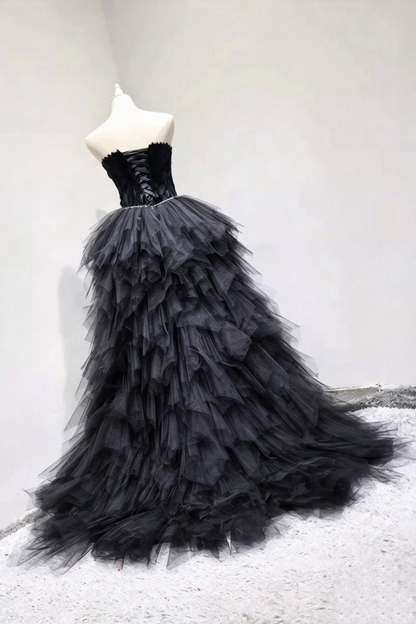 Strapless Feather High Low Tulle Prom Dress Corset Back Evening Gown F0293