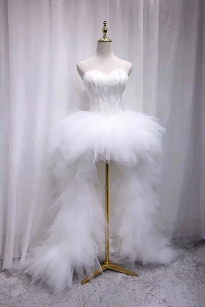 Strapless Feather High Low Tulle Prom Dress Corset Back Evening Gown F0293