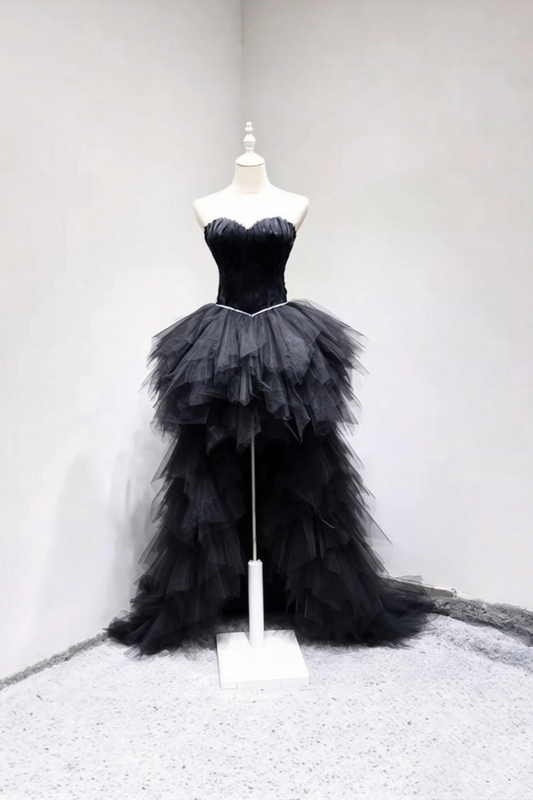 Strapless Feather High Low Tulle Prom Dress Corset Back Evening Gown F0293