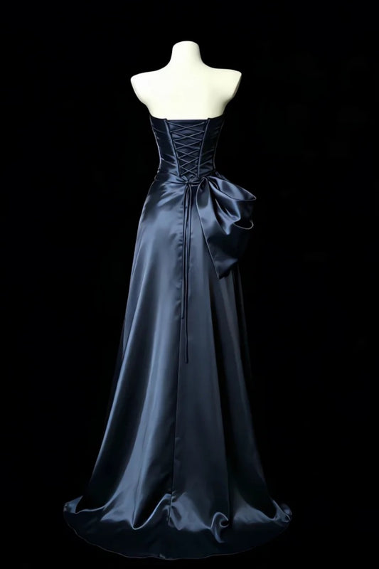 Strapless Glossy Satin Mermaid Evening Dress With Side Big Bow & Lace-up Back F0352