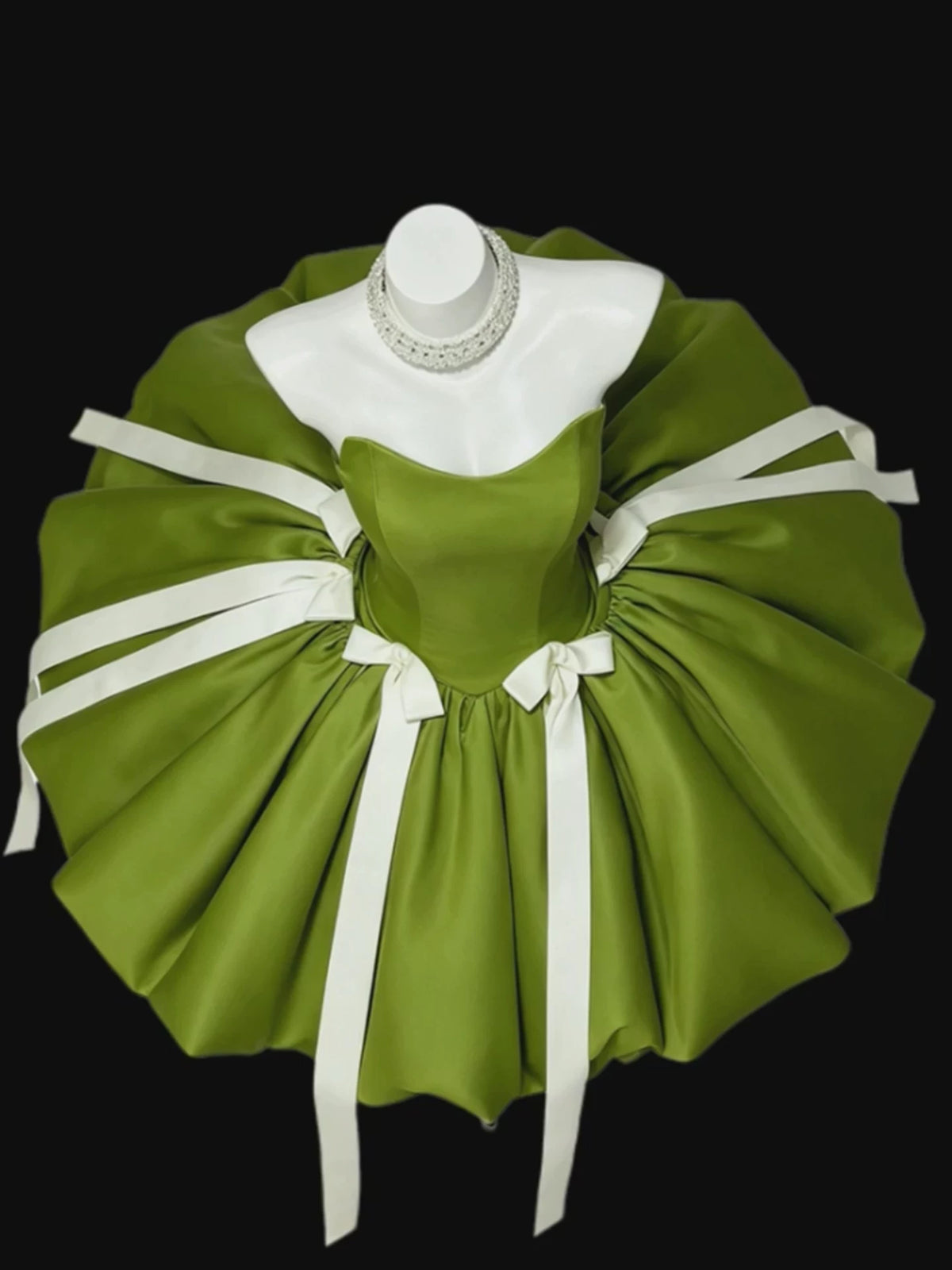 Strapless Green Satin Mini Homecoming Dress With White Bows F0322