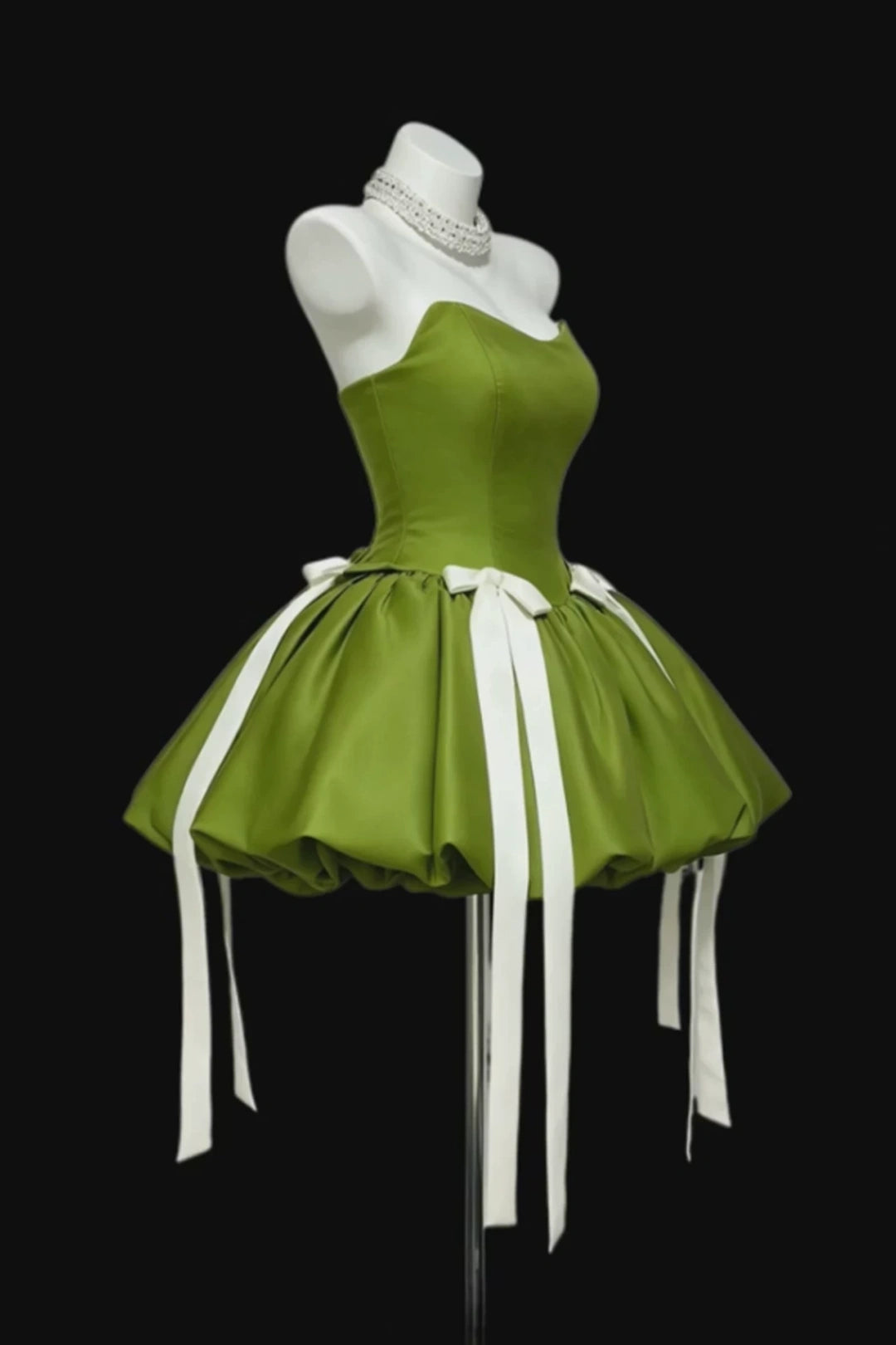Strapless Green Satin Mini Homecoming Dress With White Bows F0322