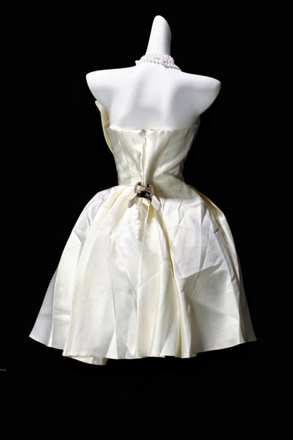 Strapless Ivory Satin Short Dress With Draped Bodice & Big Side Bow F0362