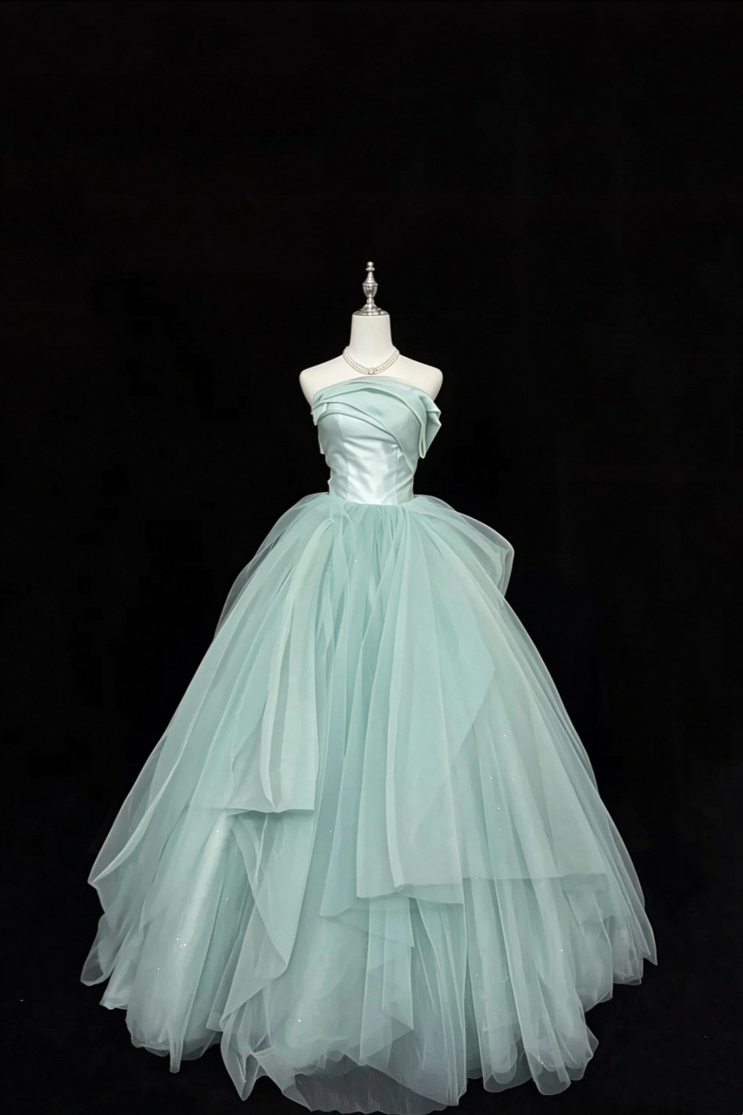 Strapless Mint Green Tulle Prom Gown Princess A-Line Formal Dress F0379