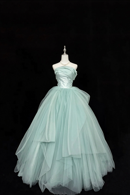 Strapless Mint Green Tulle Prom Gown Princess A-Line Formal Dress F0379