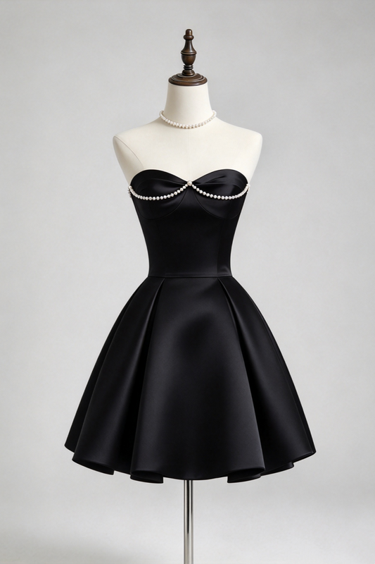 Original Design Strapless Pearl Sweetheart Satin A-line Mini Homecoming Dress F0340