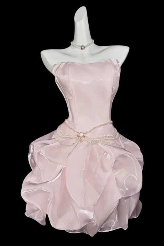 Strapless Pink Organza Mini Homecoming Dress With Beaded Waist Chain F0324