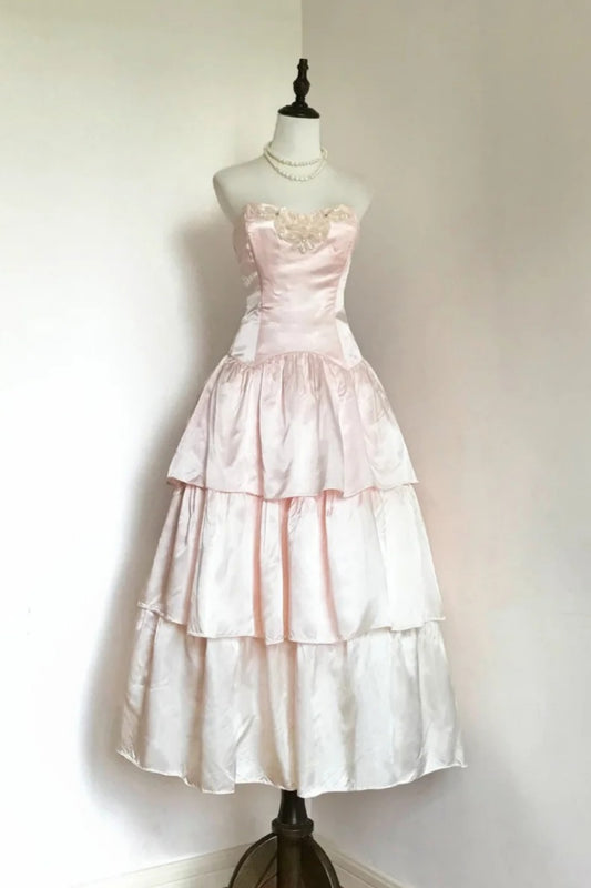 Strapless Pink Satin Tiered Midi Evening Dress With Floral Beaded Appliques F0354