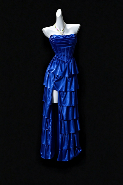 Strapless Pleated Corset Tiered Ruffle Satin Formal Dress F0350