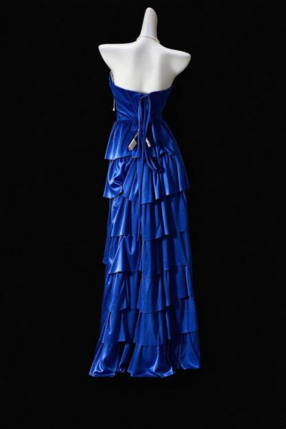 Strapless Pleated Corset Tiered Ruffle Satin Formal Dress F0350