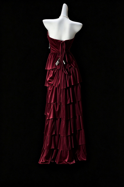 Strapless Pleated Corset Tiered Ruffle Satin Formal Dress F0350