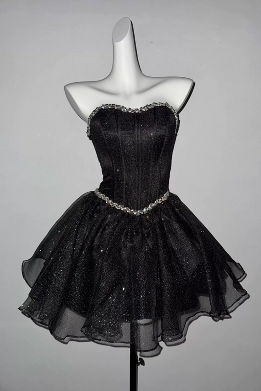 Strapless Rhinestone Glitter Tulle Mini Homecoming Dress F0318