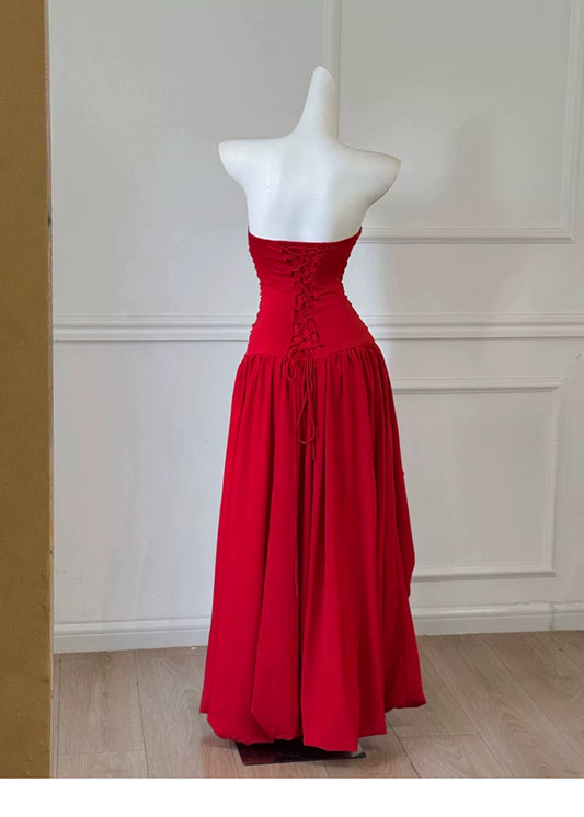 Strapless Ruched Red Evening Gown With Draped Skirt F0453