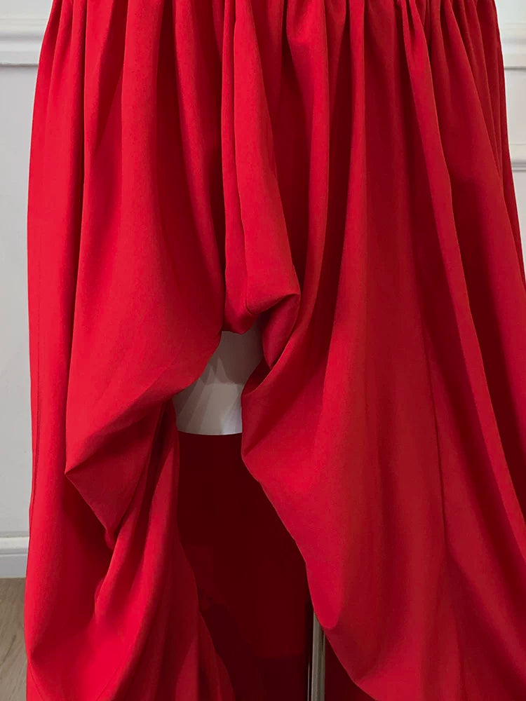 Strapless Ruched Red Evening Gown With Draped Skirt F0453