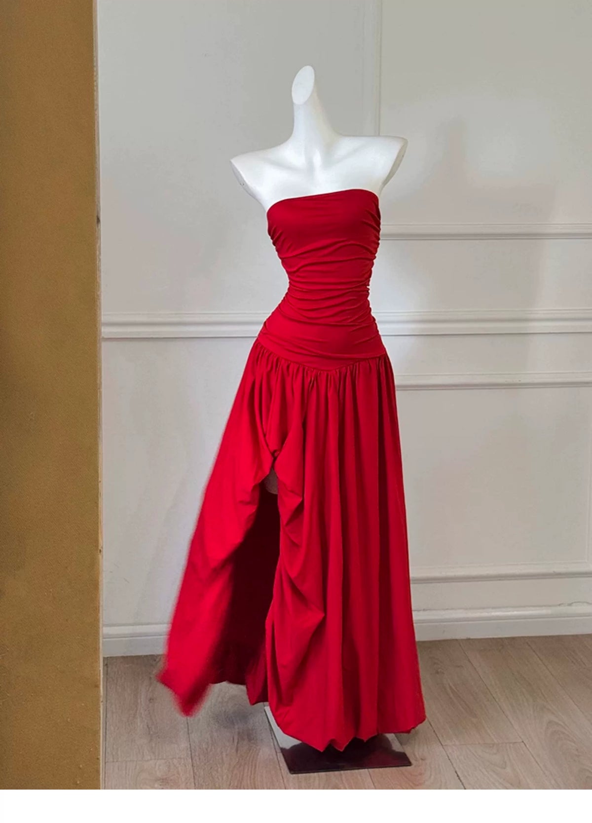 Strapless Ruched Red Evening Gown With Draped Skirt F0453
