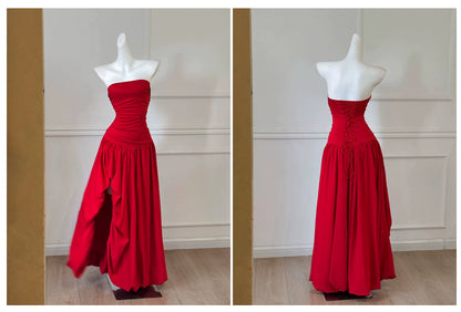 Strapless Ruched Red Evening Gown With Draped Skirt F0453