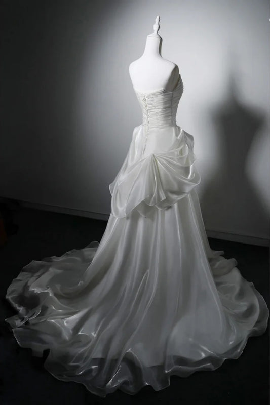 Strapless Ruched Wedding Dress, A Line Bridal Gown With Train F0410
