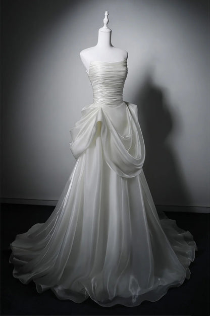 Strapless Ruched Wedding Dress, A Line Bridal Gown With Train F0410