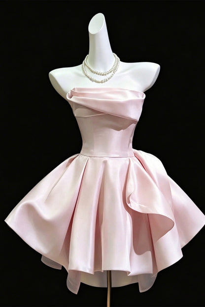 Strapless Satin Homecoming Dress Pleated Mini Party Dress With Side Bow F0294