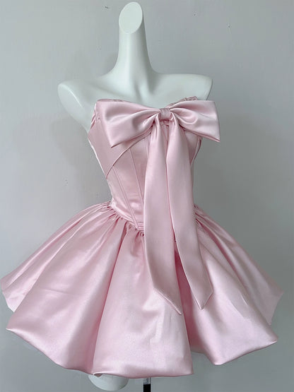 Strapless Satin Mini Homecoming Dress With Big Front Bow F0309