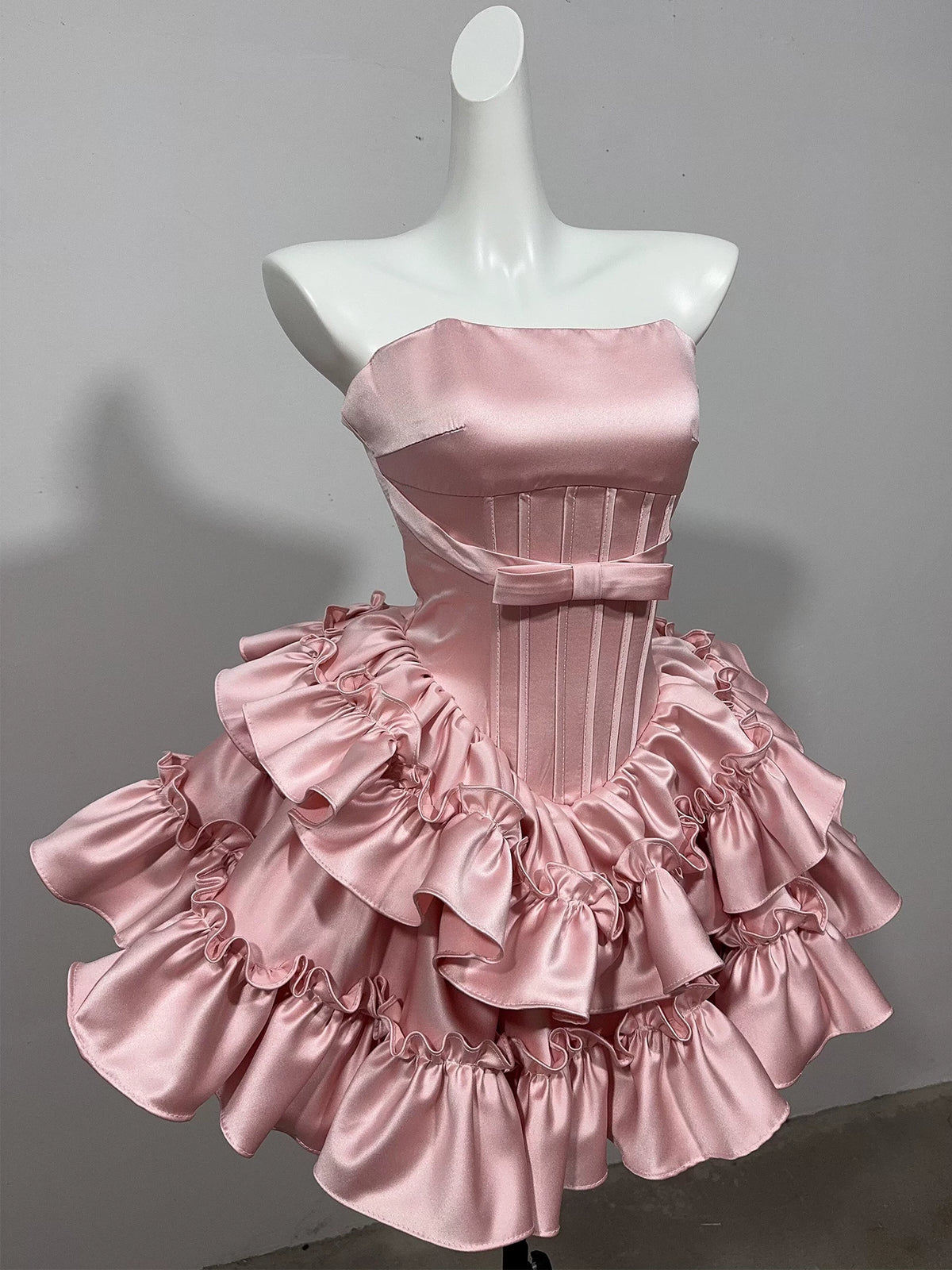 Strapless Satin Ruffled Mini Homecoming Dress With Waist Bow F0313