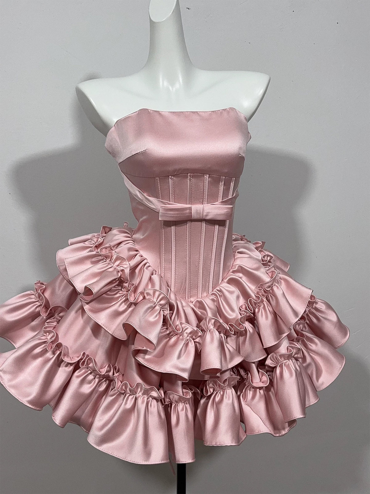 Strapless Satin Ruffled Mini Homecoming Dress With Waist Bow F0313