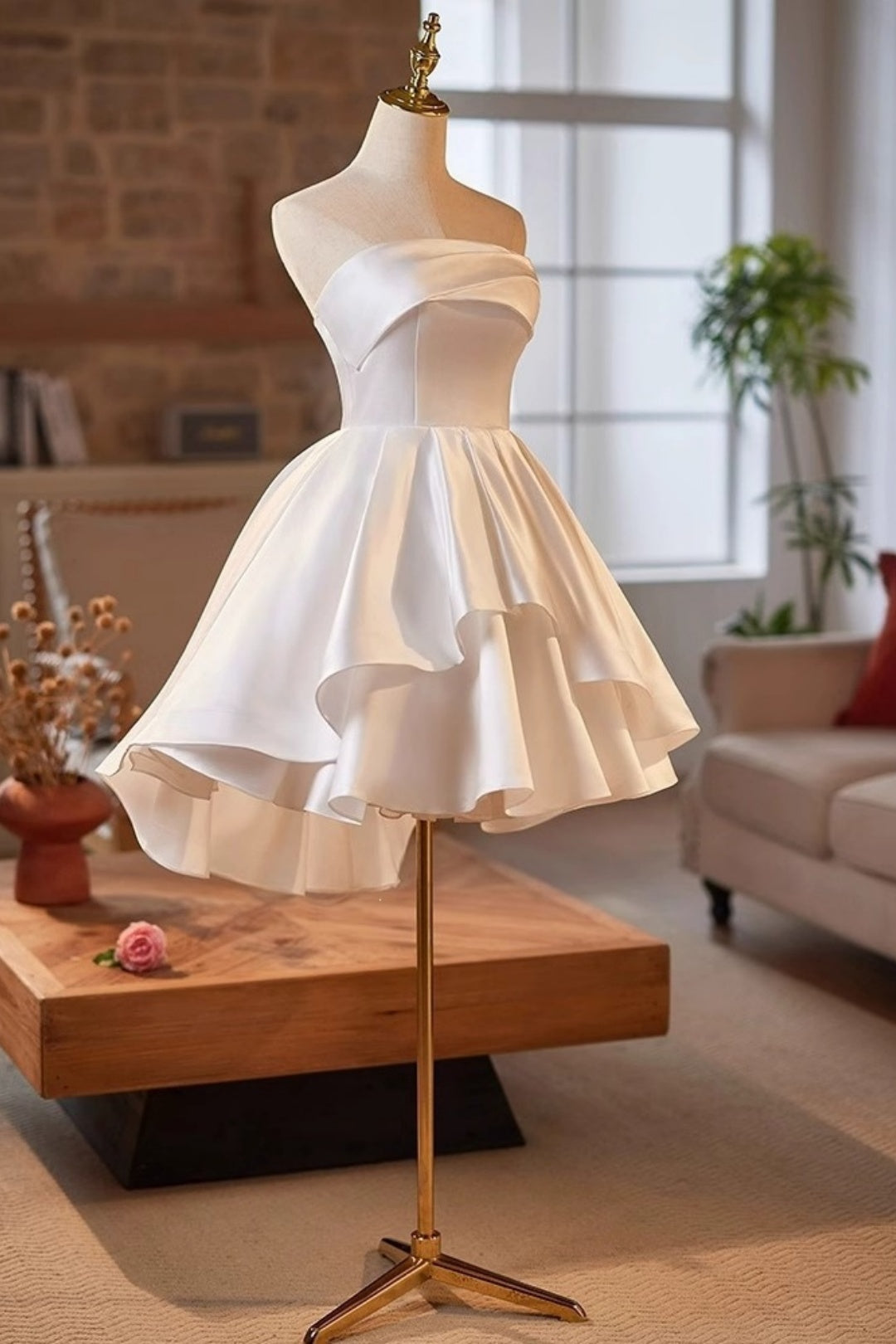 Strapless Satin Short Wedding Dress Ruffled Homecoming Dress F0295