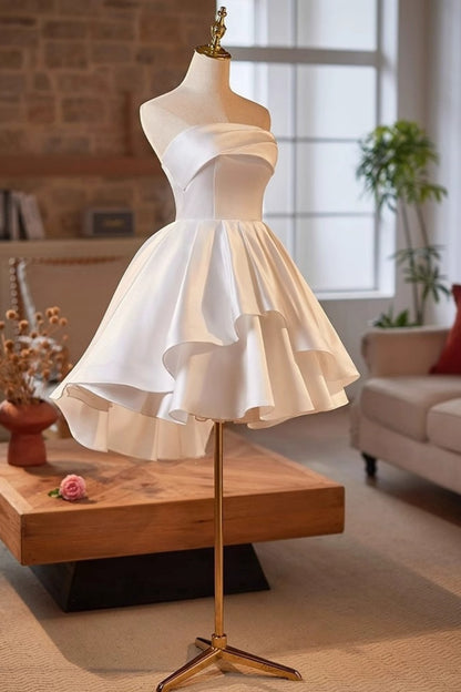 Strapless Satin Short Wedding Dress Ruffled Homecoming Dress F0295