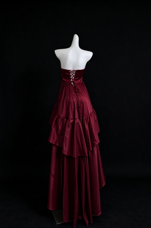 Strapless Tiered Ruffle Satin Maxi Formal Dress F0530